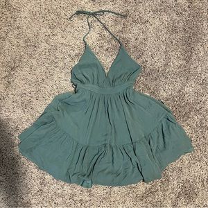 halter neck backless boho sage green mini dress